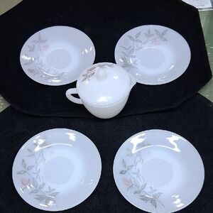 Vintage Federal milk  glass, translucent saucers, & pitcher, "clover blossoms"